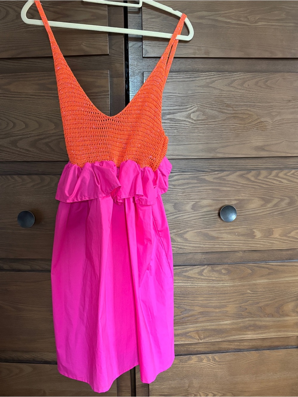 Mariuccia Vibrant Orange Low Back Crochet Top Pink Ruffled Dress